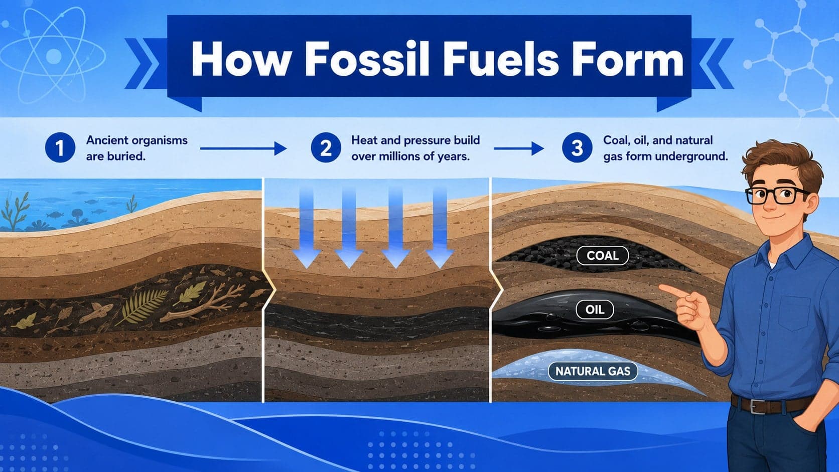 Fossil fuels science slide illustrating how coal, oil, and natural gas form over time.