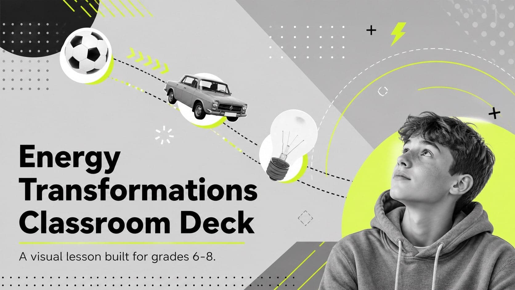 Cover for an Energy Transformations Classroom Deck with neon energy symbols on a modern gray geometric background.
