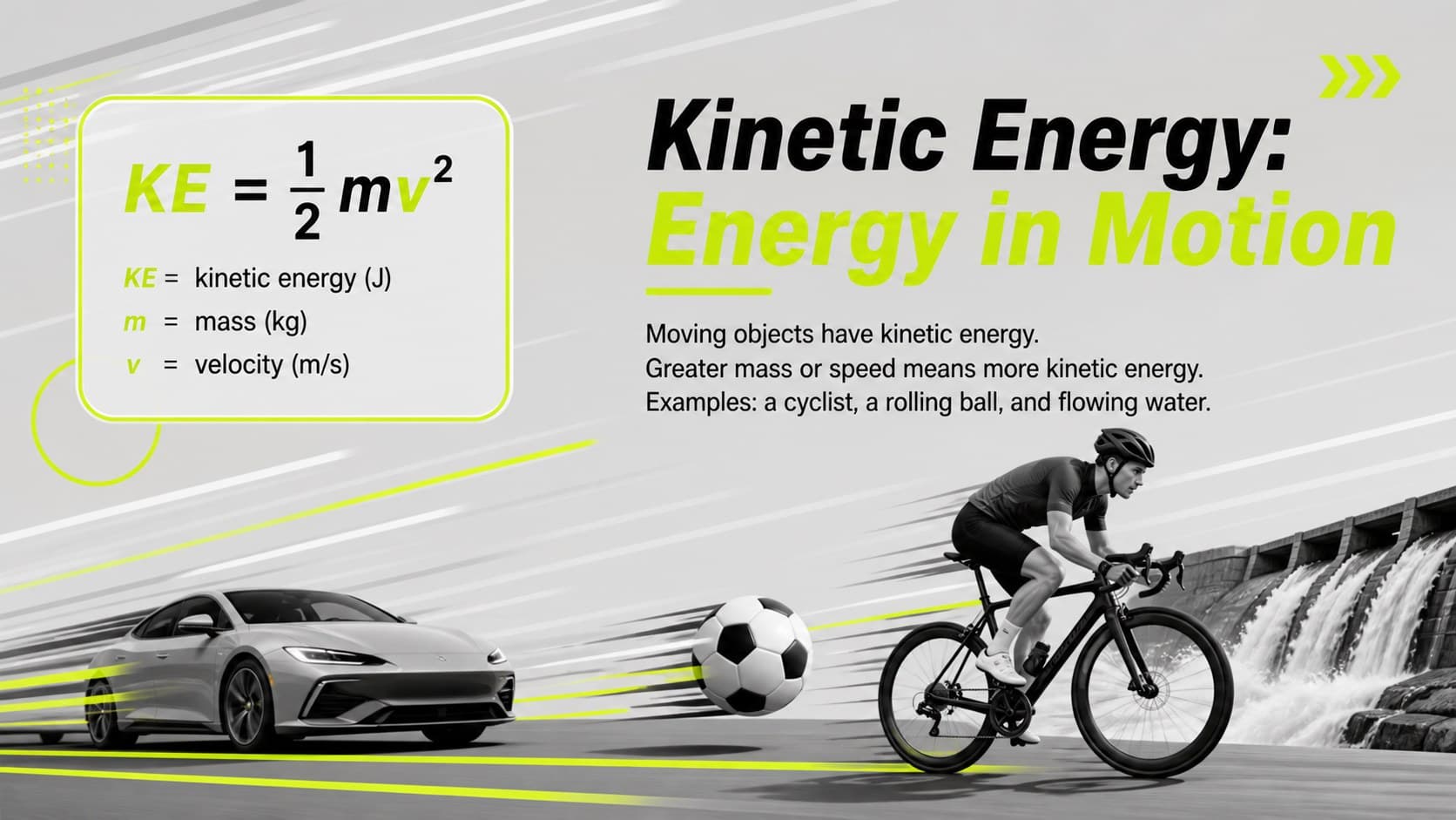 Kinetic energy lesson slide explaining motion with examples of a cyclist, rolling ball, and flowing water.