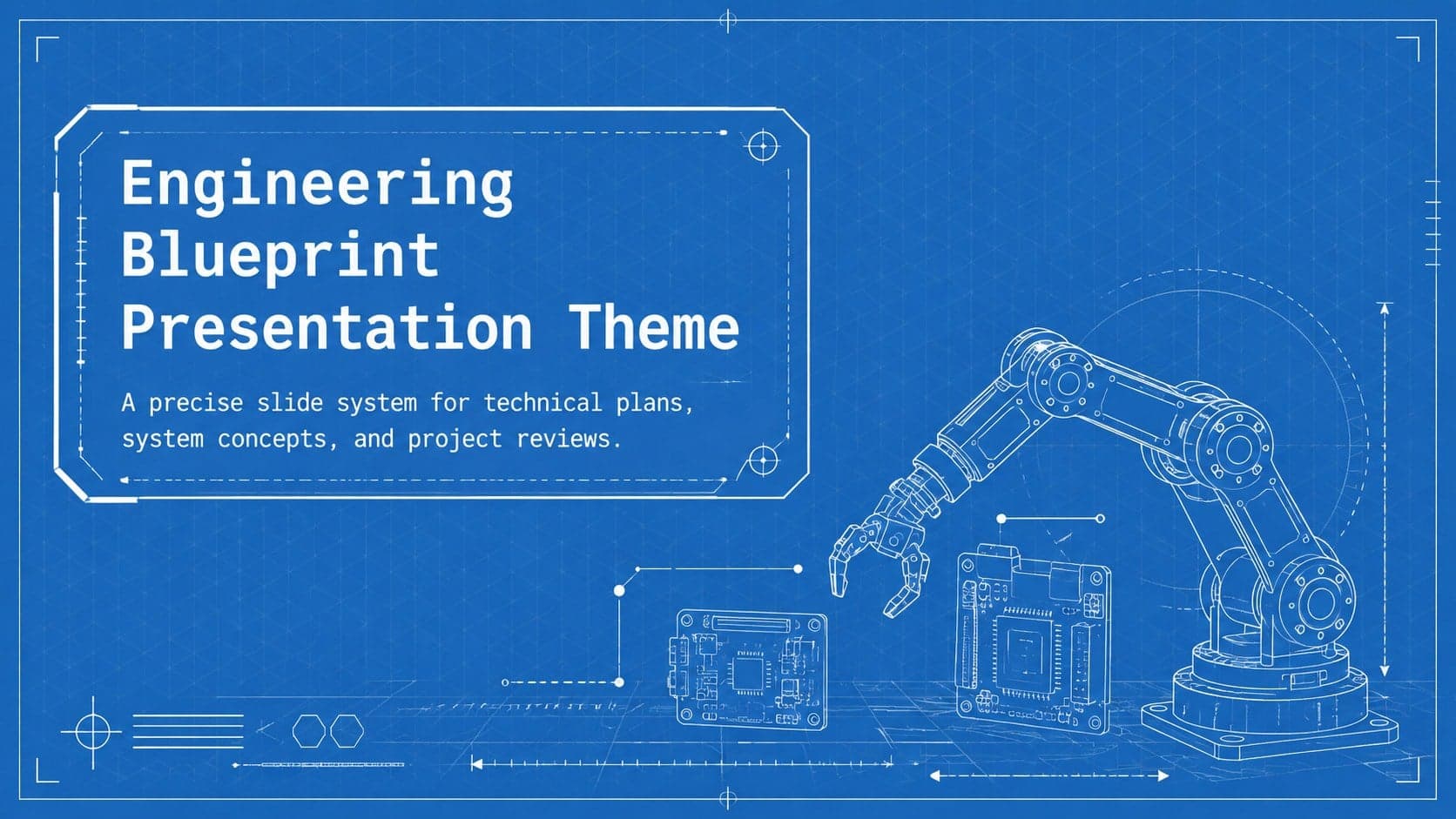 Cover of an engineering blueprint presentation theme with drafting lines, technical grids, and a deep blue background.
