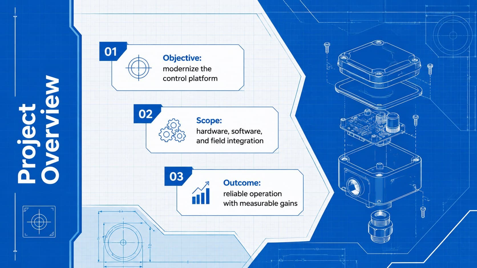 Technical project overview slide with blueprint annotations and three engineering objectives.