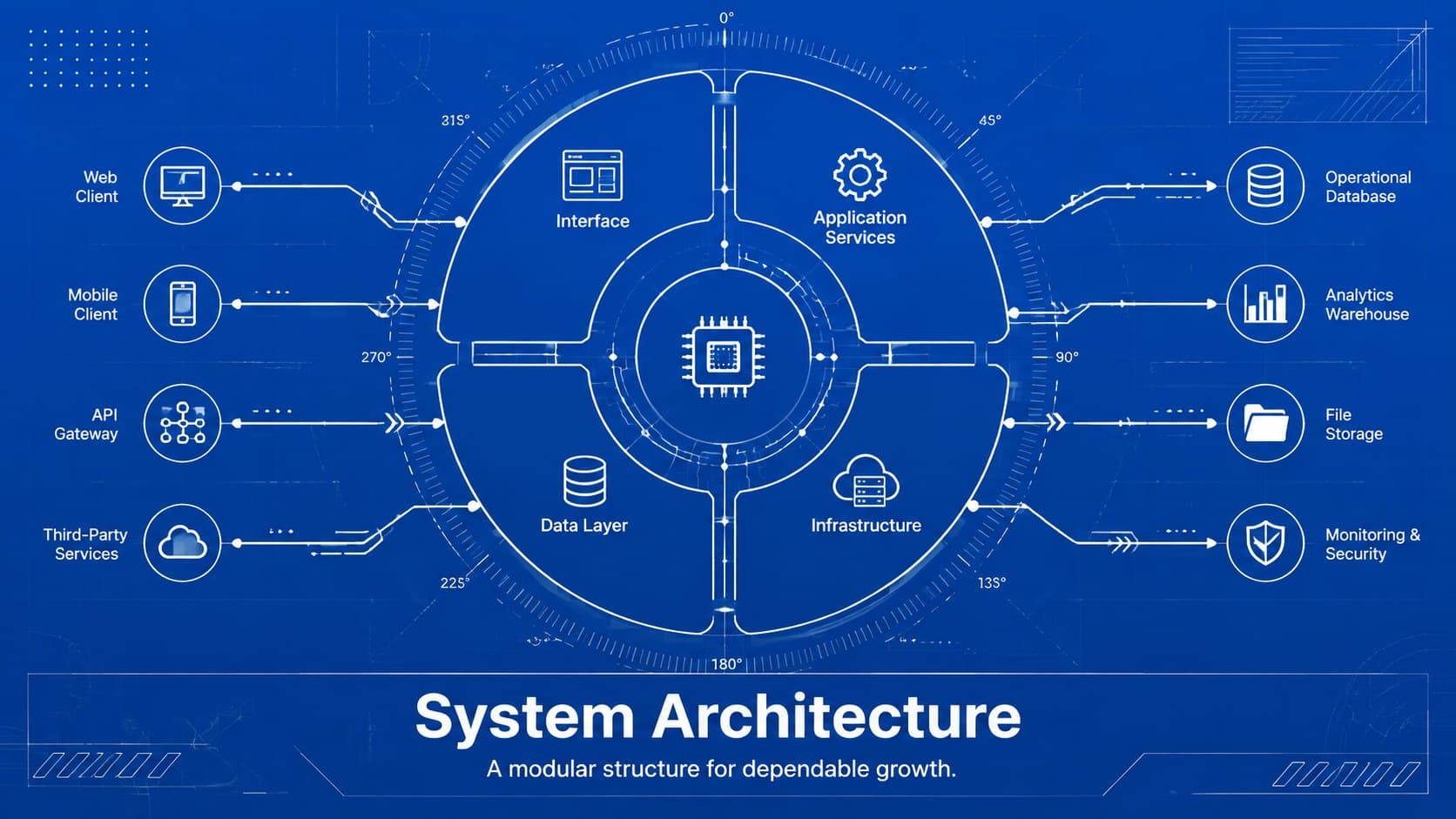 System architecture slide template showing connected interface, service, data, and infrastructure layers.