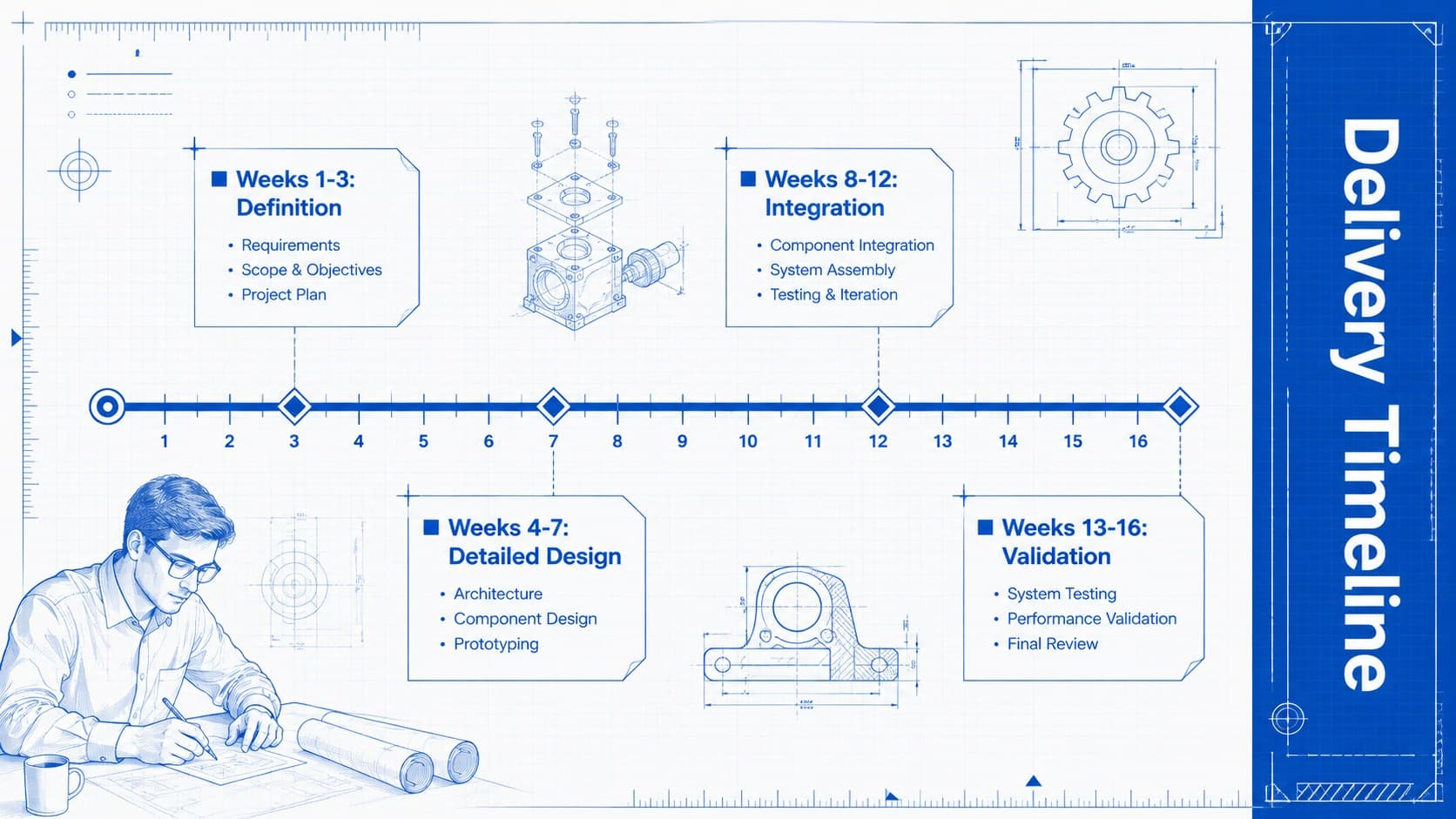 Blueprint project timeline presenting four engineering delivery phases across sixteen weeks.