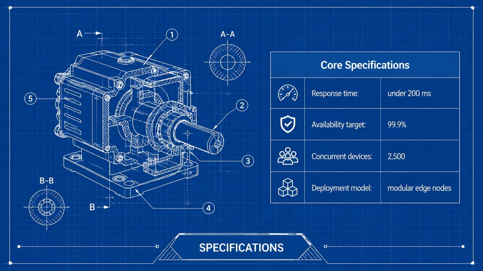 Technical specifications presentation layout with performance, availability, capacity, and deployment targets.