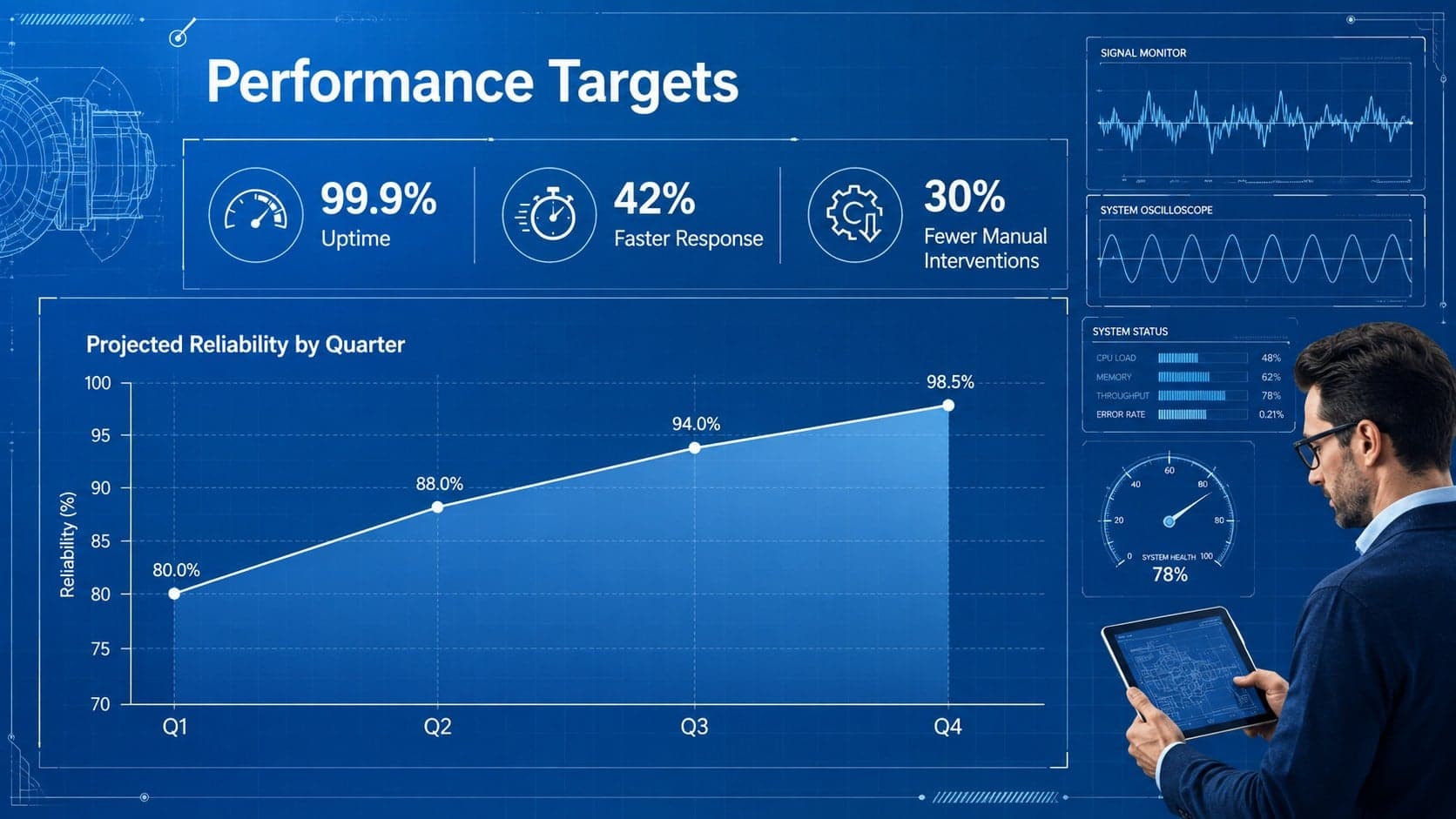 Blue technical proposal slide with performance charts for uptime, response time, and issue resolution.
