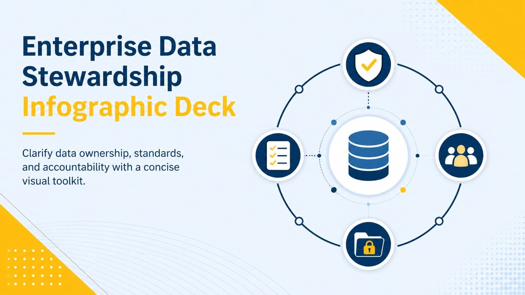 Cover of an enterprise data stewardship infographic deck with blue and yellow governance graphics.