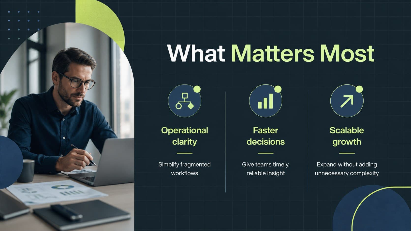 Enterprise client proposal template slide summarizing buyer priorities and business pressures.