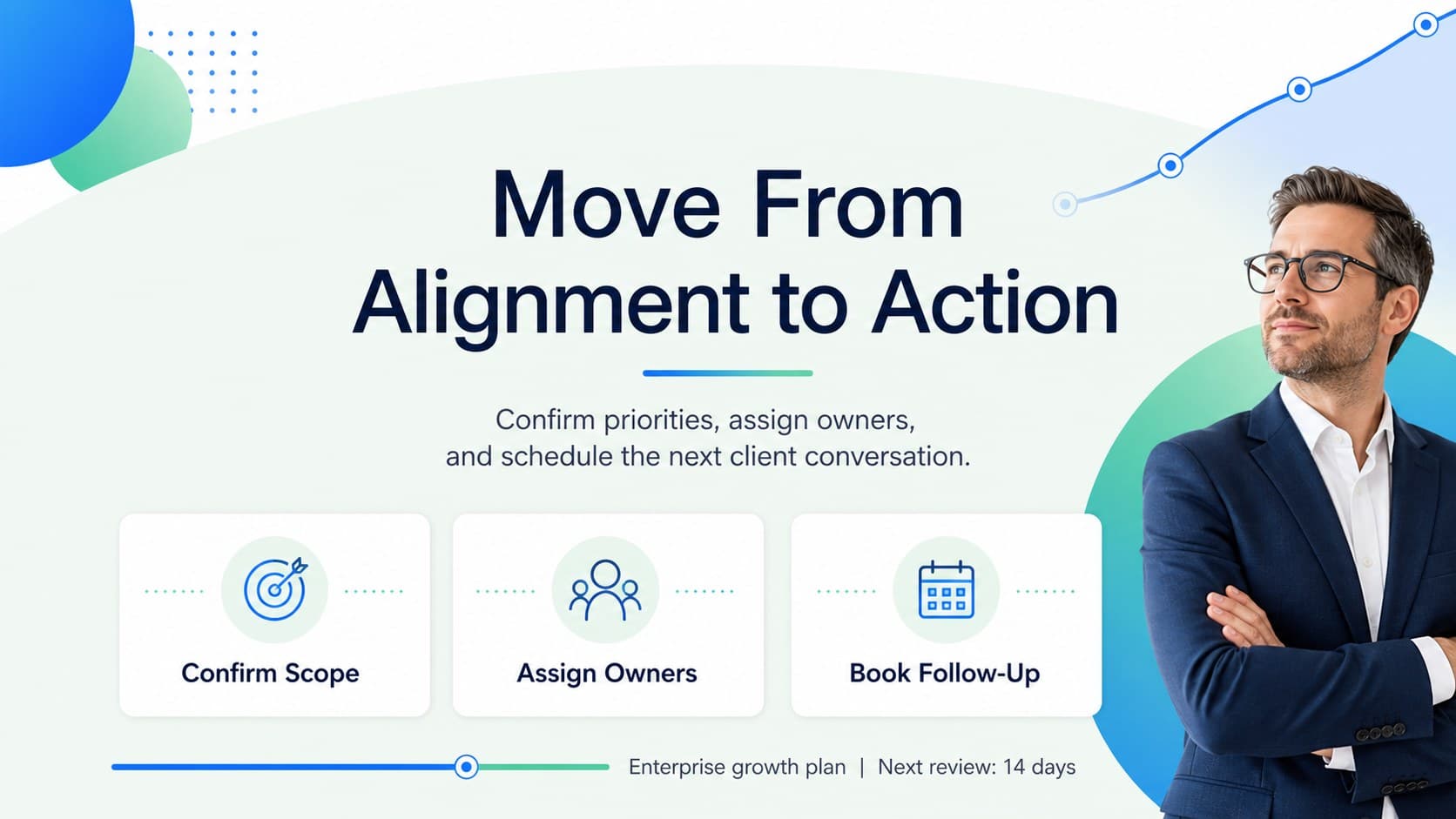 Enterprise sales strategy deck closing slide outlining next steps for a client growth plan.