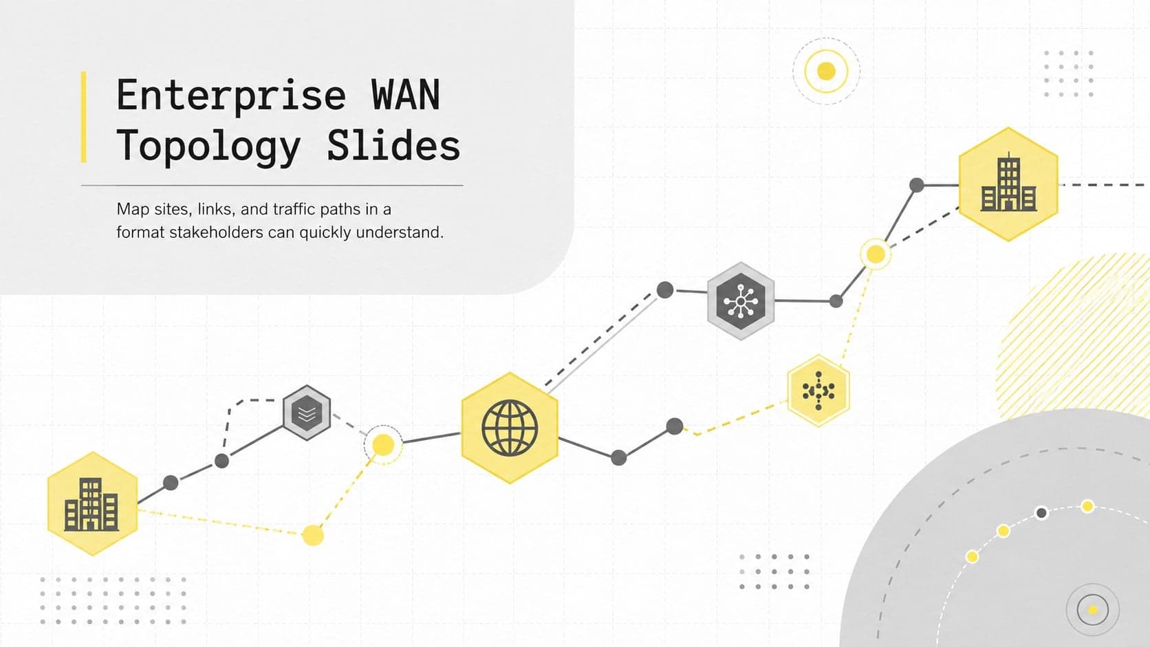 Cover for Enterprise WAN Topology Slides in a professional yellow and grey technical design.