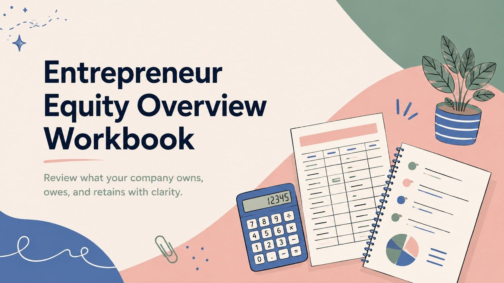 Colorful Entrepreneur Equity Overview Workbook cover with playful accounting illustrations in blue, green, and pink.