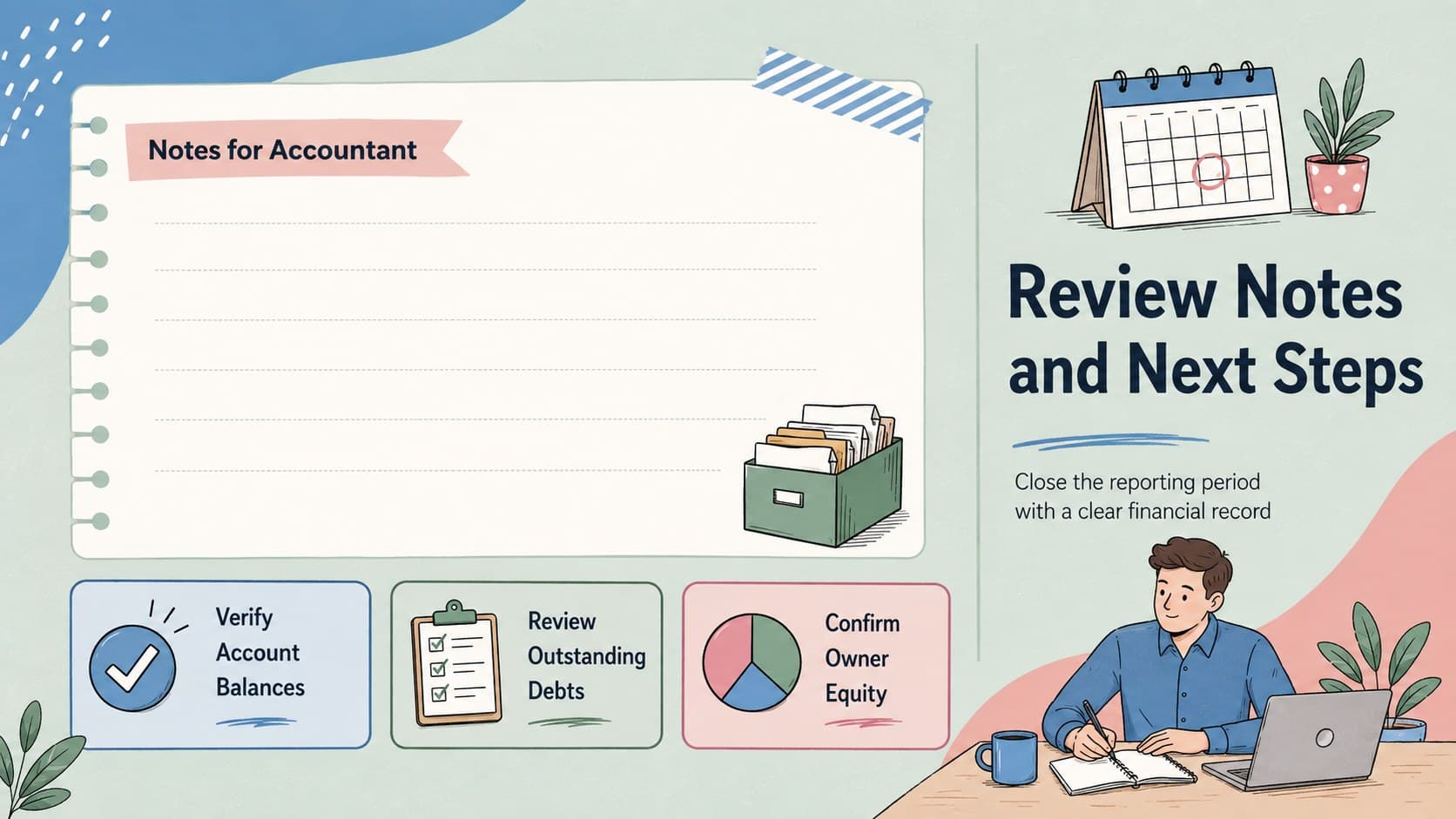 Year-end business finance workbook review page with reporting notes, action items, and equity figures.