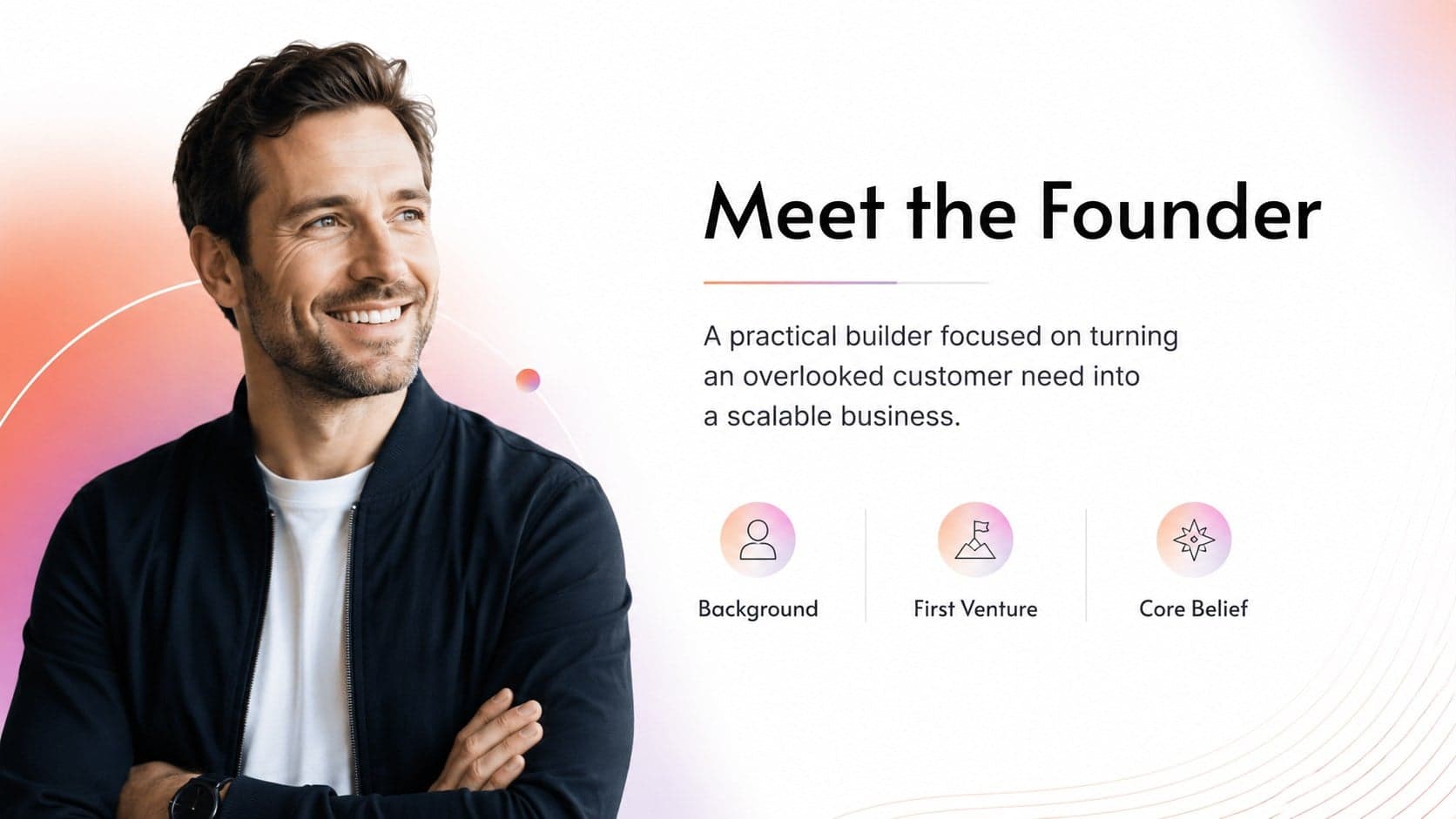 Minimal founder profile layout introducing the entrepreneur behind a business growth narrative.