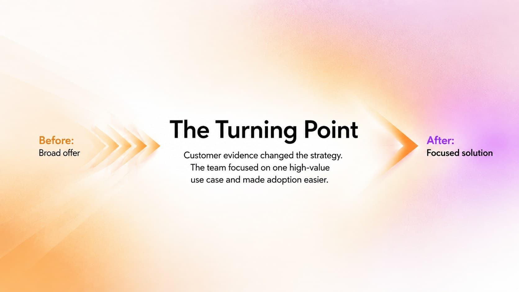 Business growth narrative deck slide highlighting the strategic turning point in the founder journey.