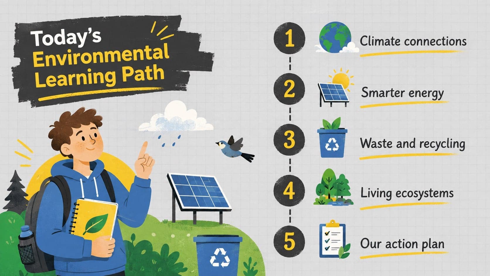 Environmental education agenda slide outlining climate, energy, waste, biodiversity, and classroom action topics.