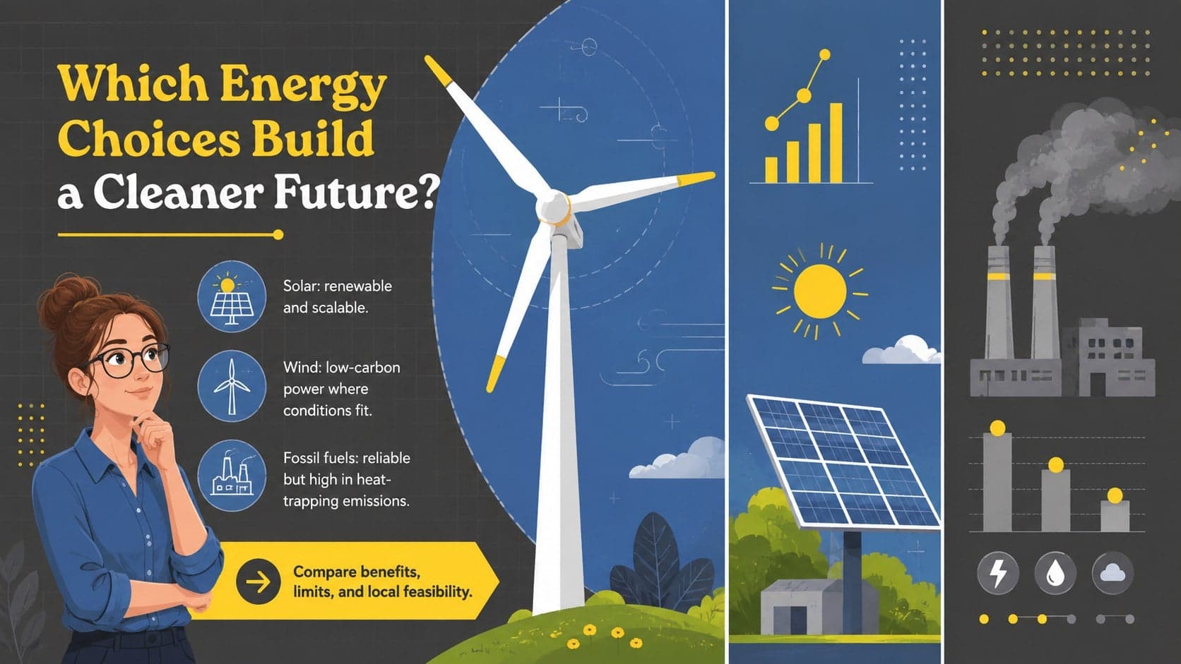 Renewable energy comparison slide featuring illustrated solar, wind, and fossil fuel choices for students.