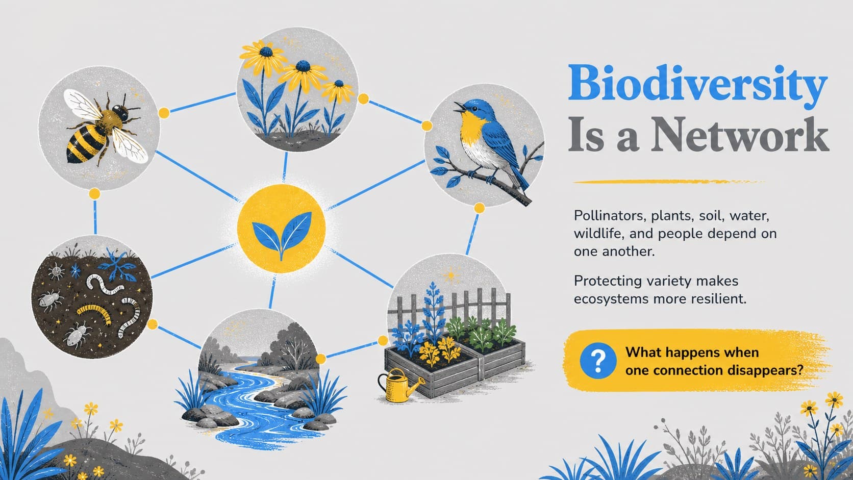 Illustrated biodiversity lesson slide showing how pollinators, plants, water, soil, and people depend on one another.