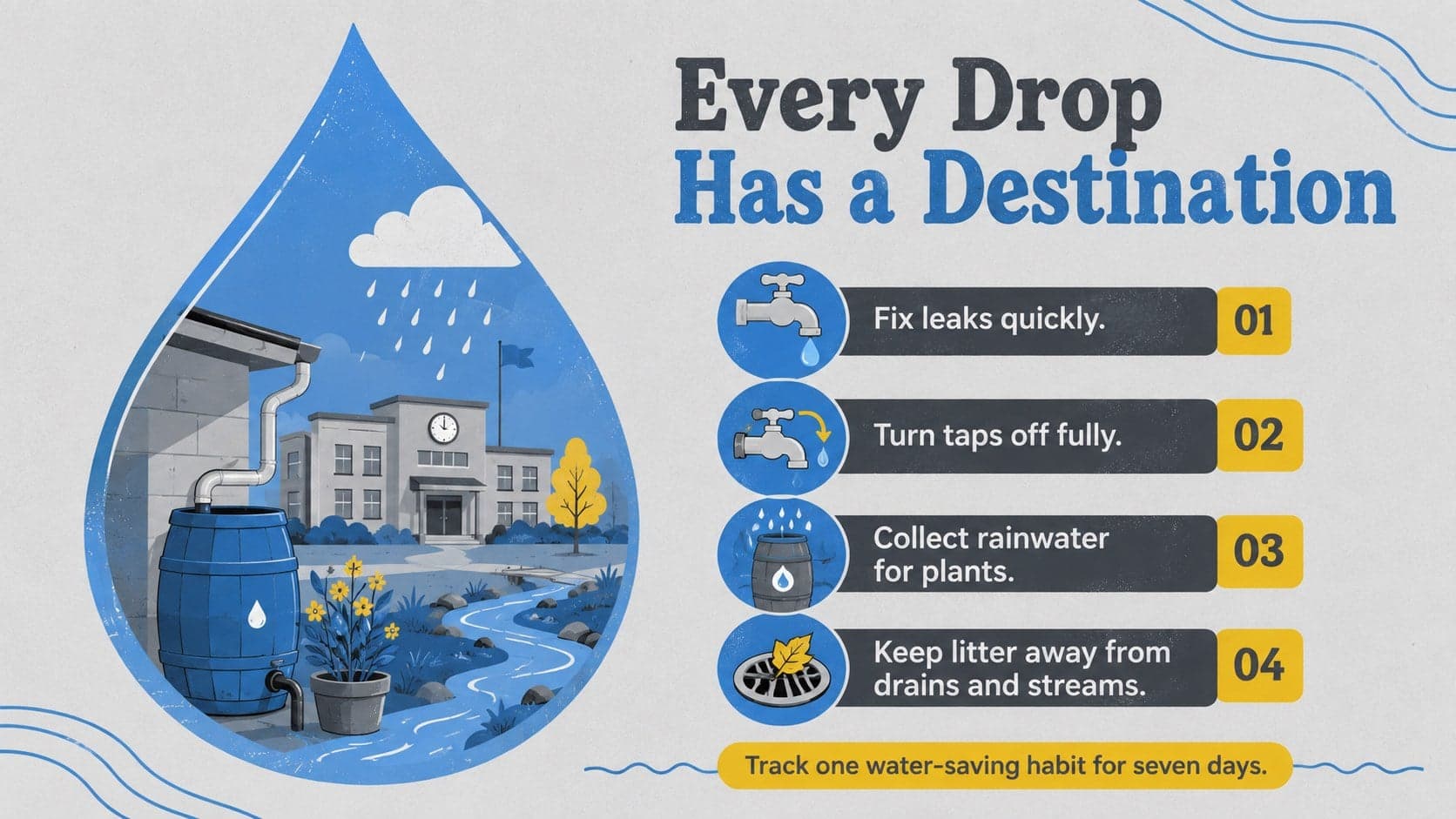 Environmental education presentation slide with practical water conservation actions for home and school.