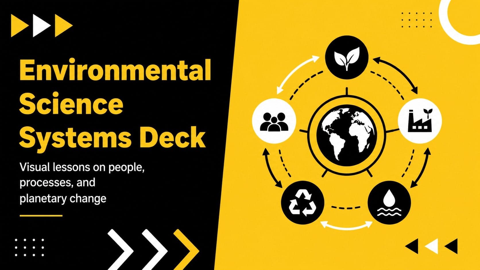 Cover slide for an environmental science systems deck showing bold yellow geometric forms around a college ecology lesson title.