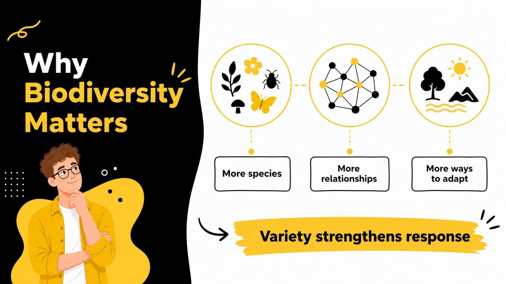 Biodiversity slide using a comparison layout to show ecosystem variety and species relationships.