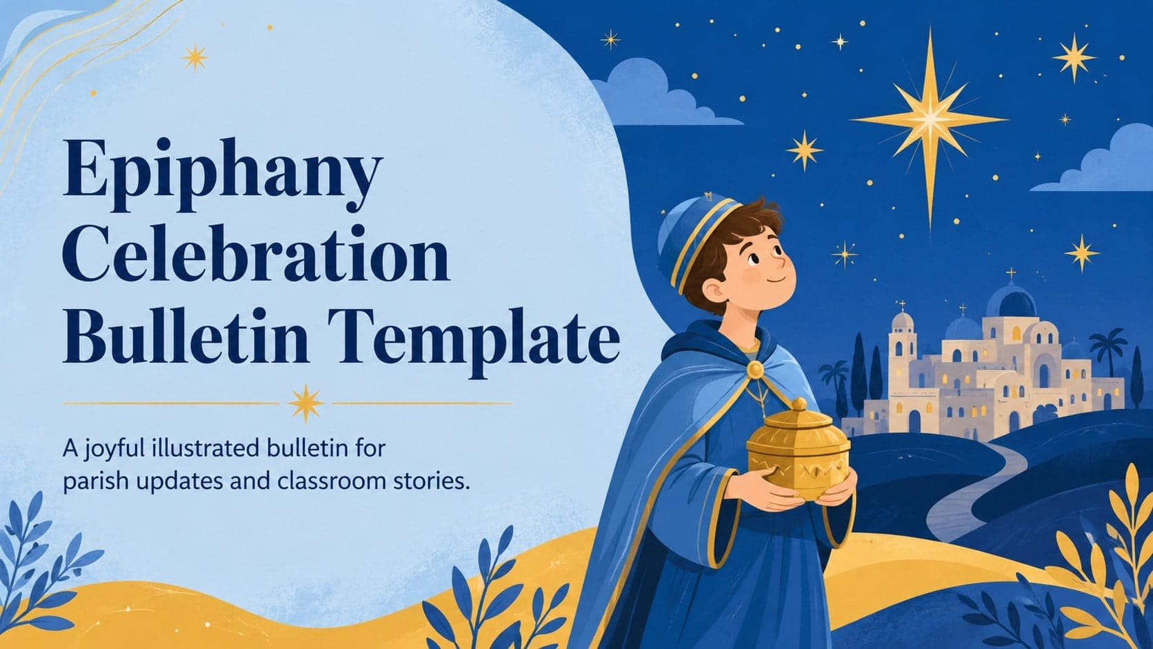 Cover of an Epiphany celebration bulletin template with cheerful blue-and-yellow holiday illustrations.