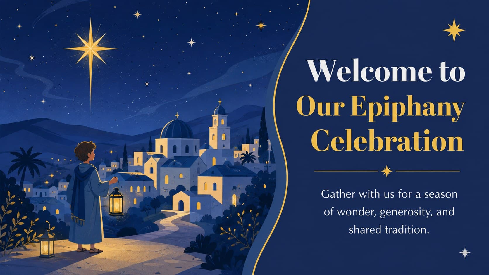 Illustrated welcome page for a Three Kings Day church bulletin with a short seasonal greeting.