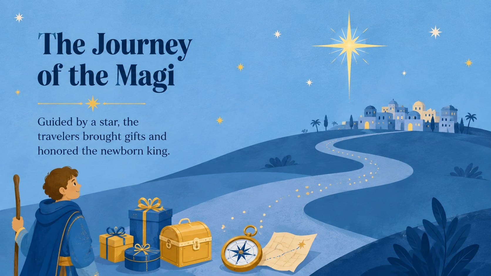 Epiphany bulletin slide explaining the journey of the Magi with an illustrated route and star.
