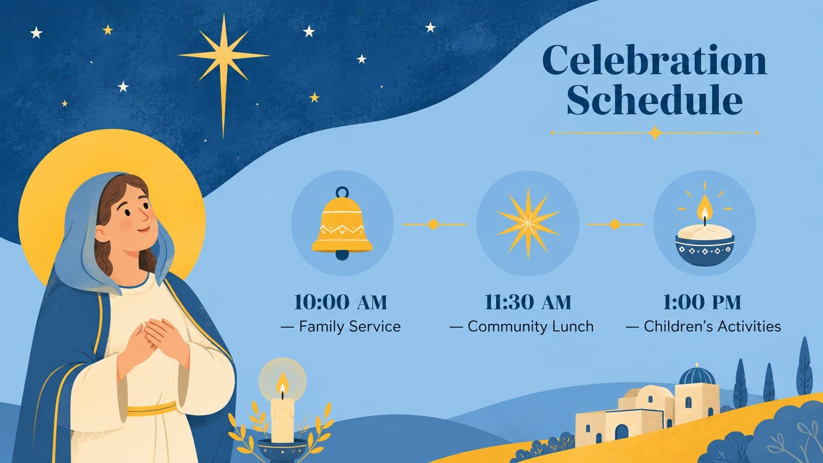 Church Epiphany bulletin slides displaying a clear celebration schedule in a blue-and-yellow layout.