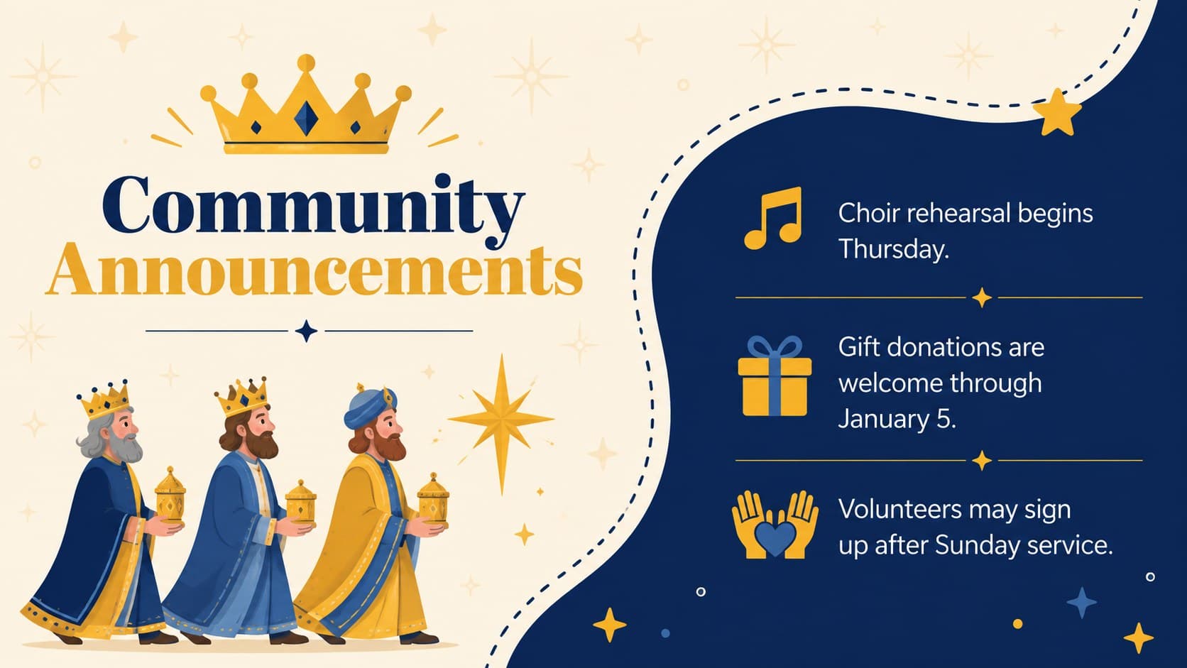 Three Kings Day Google Slides theme page featuring community announcements and festive icons.