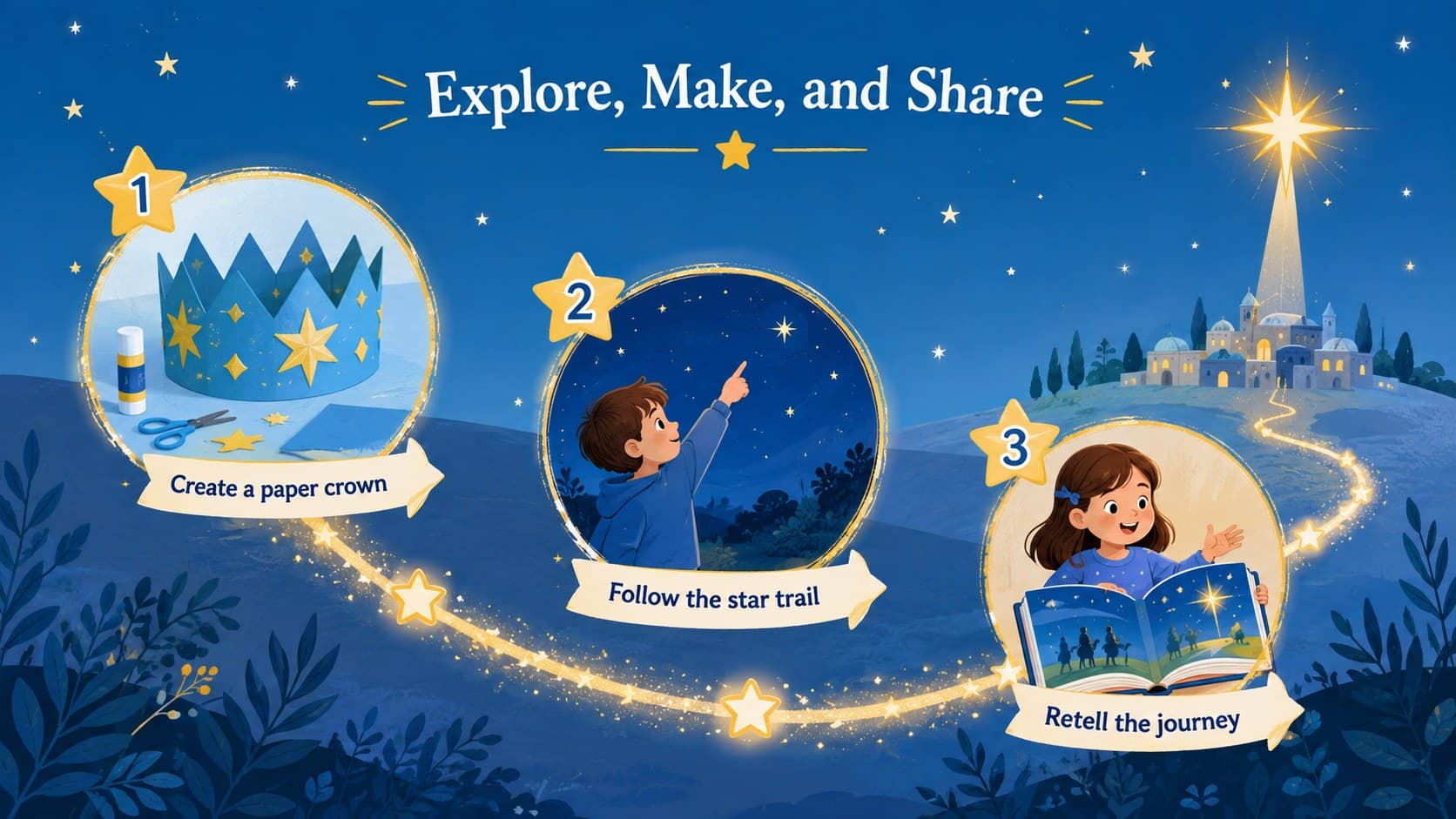 Religious holiday classroom presentation slide with interactive Epiphany activities for children.