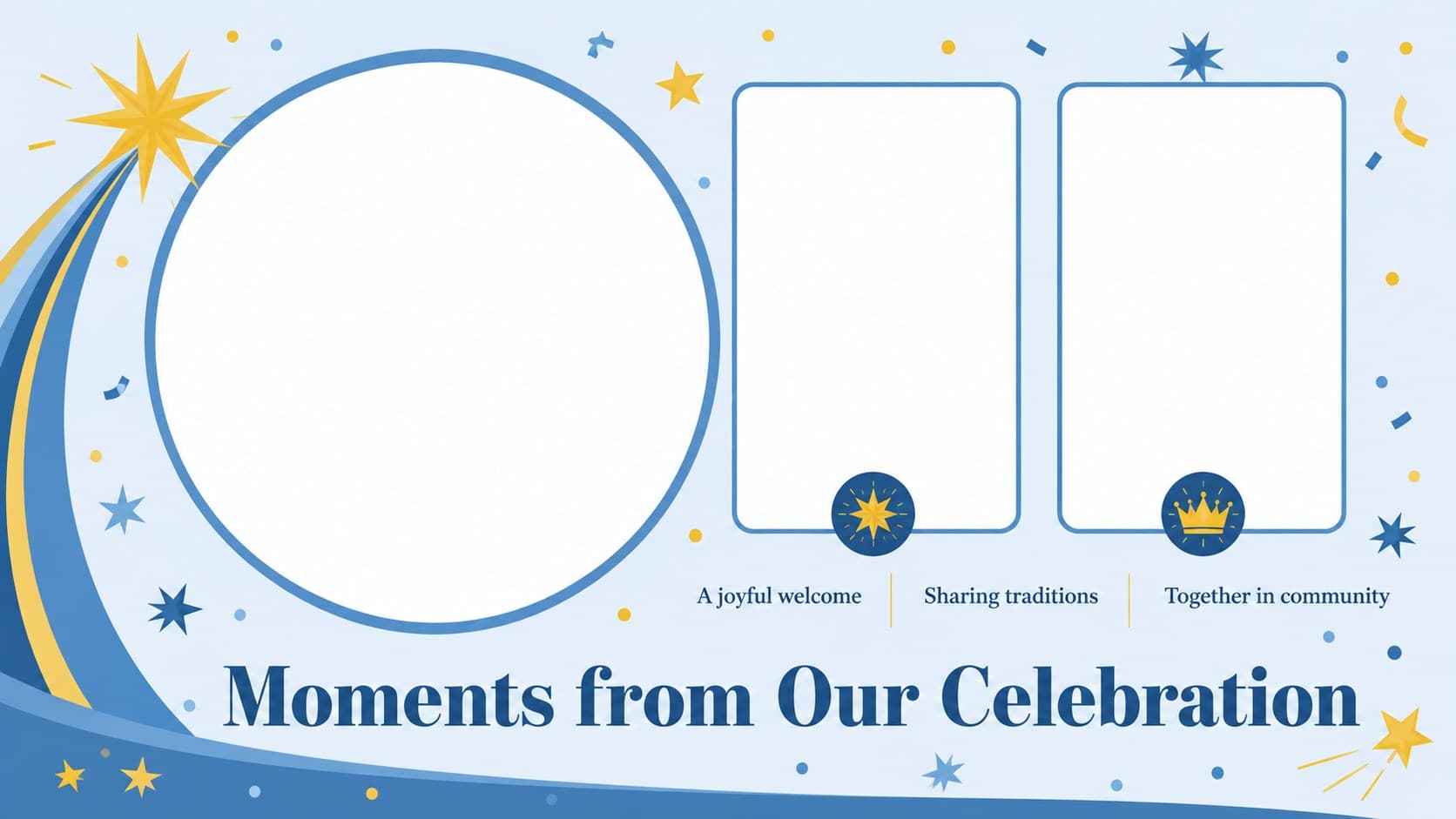 Blue and yellow Epiphany deck page with spaces for celebration photographs and captions.