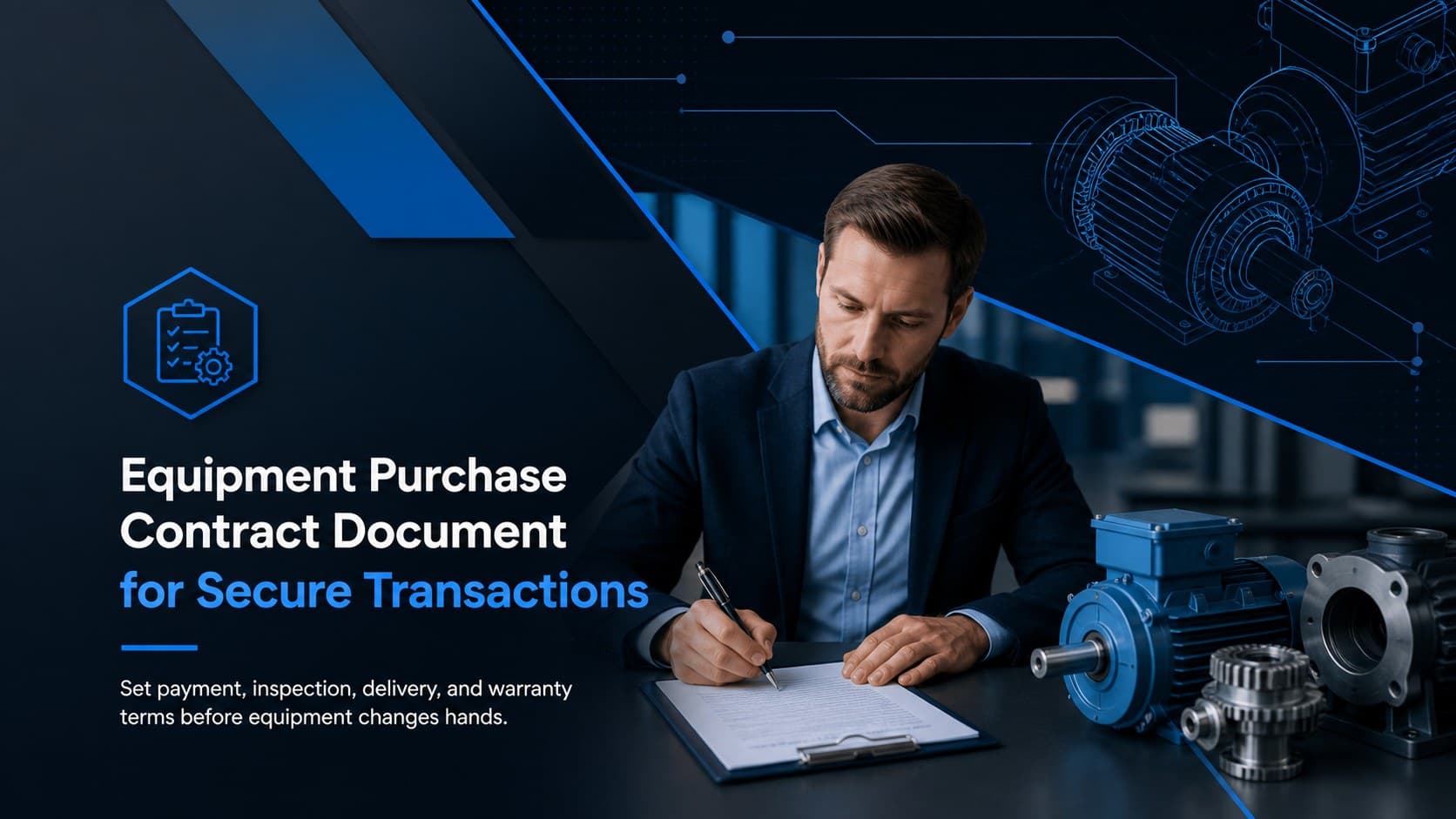 Cover of an equipment purchase contract document with a blue-and-black gradient and structured business typography.