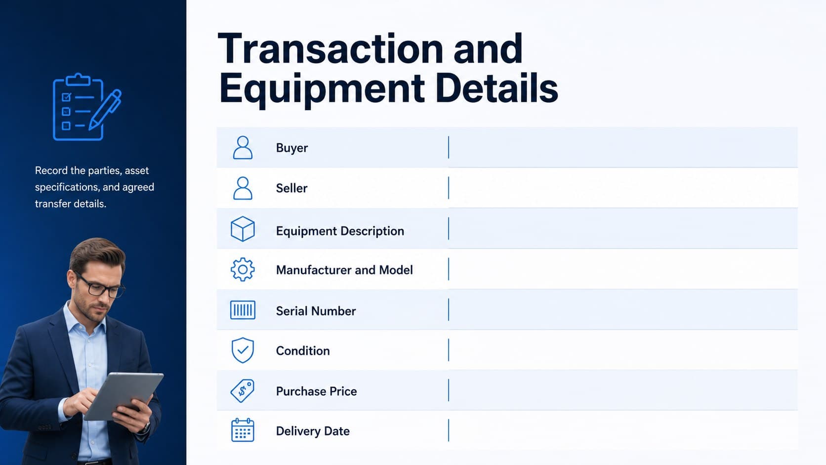 Equipment transaction summary slide listing buyer, seller, asset specifications, purchase price, and delivery details.