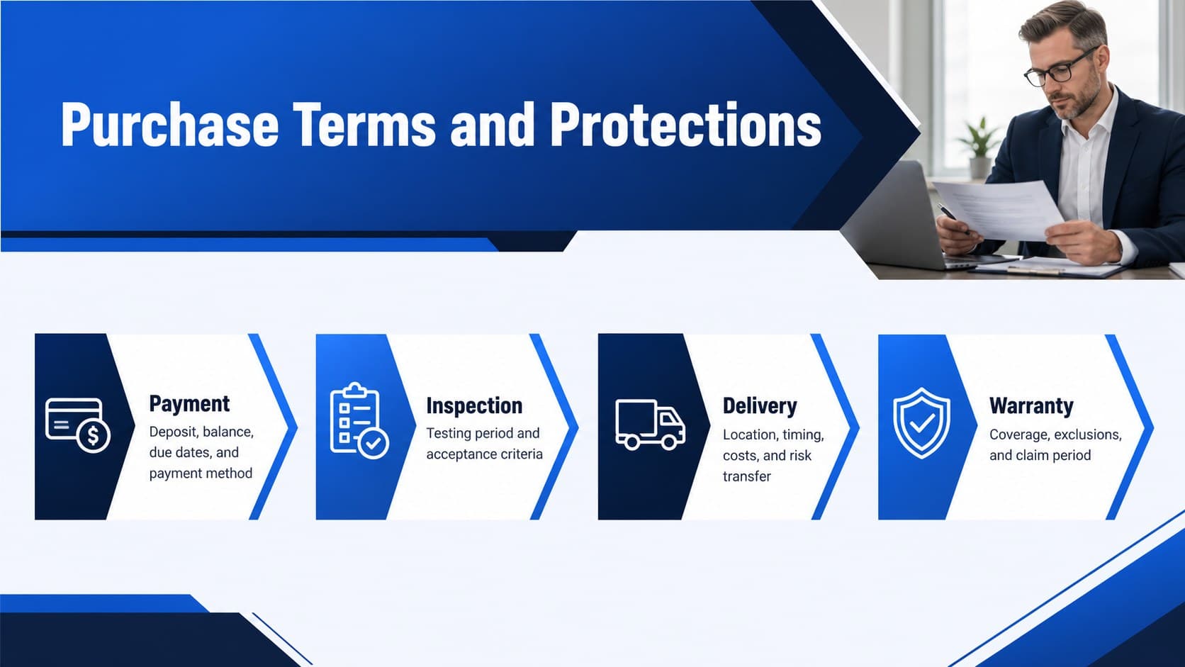 Equipment purchase terms slide outlining payment schedule, inspection, delivery, acceptance, and warranty conditions.