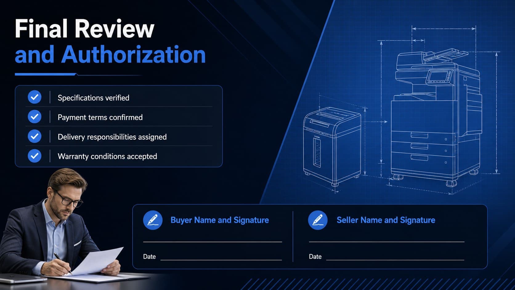 Contract approval slide with final review checklist and signature areas for an equipment purchase agreement.