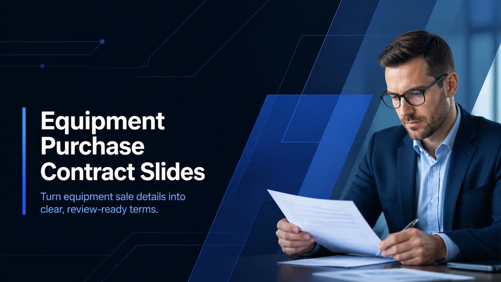 Cover for Equipment Purchase Contract Slides featuring a professional blue-and-black business contract design.