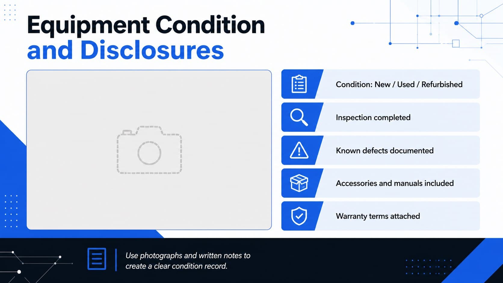 Machinery sale contract presentation slide outlining condition, warranty, inspection, and included accessories.
