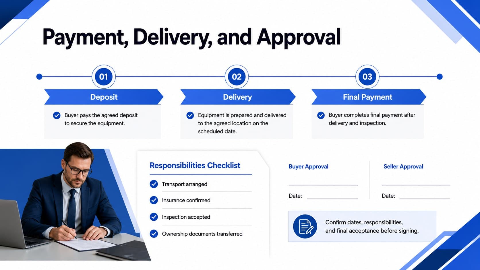Equipment payment and delivery terms slide with milestone dates, responsibilities, and signature fields.