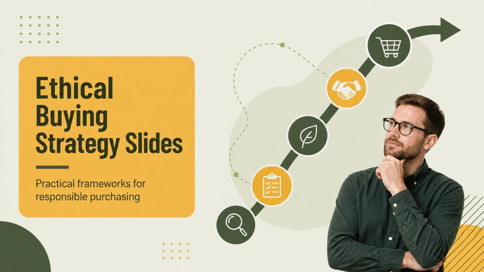 Cover slide for an ethical buying strategy slides deck with bold yellow and green corporate styling.