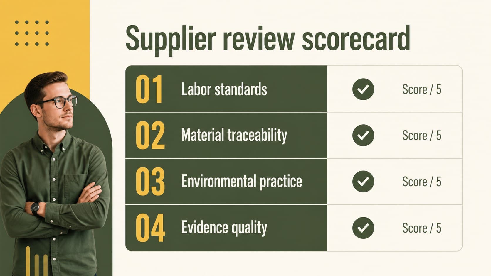 Sustainable supplier evaluation slides layout with criteria for comparing vendors.