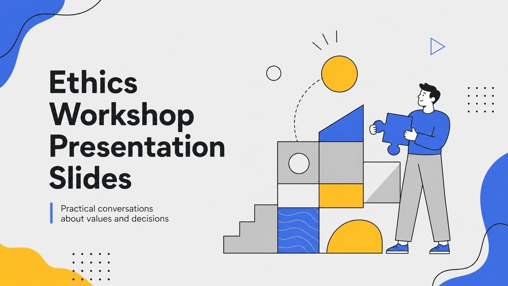 Cover slide for an ethics workshop presentation showing an illustrated values scene in grey, blue, and yellow.
