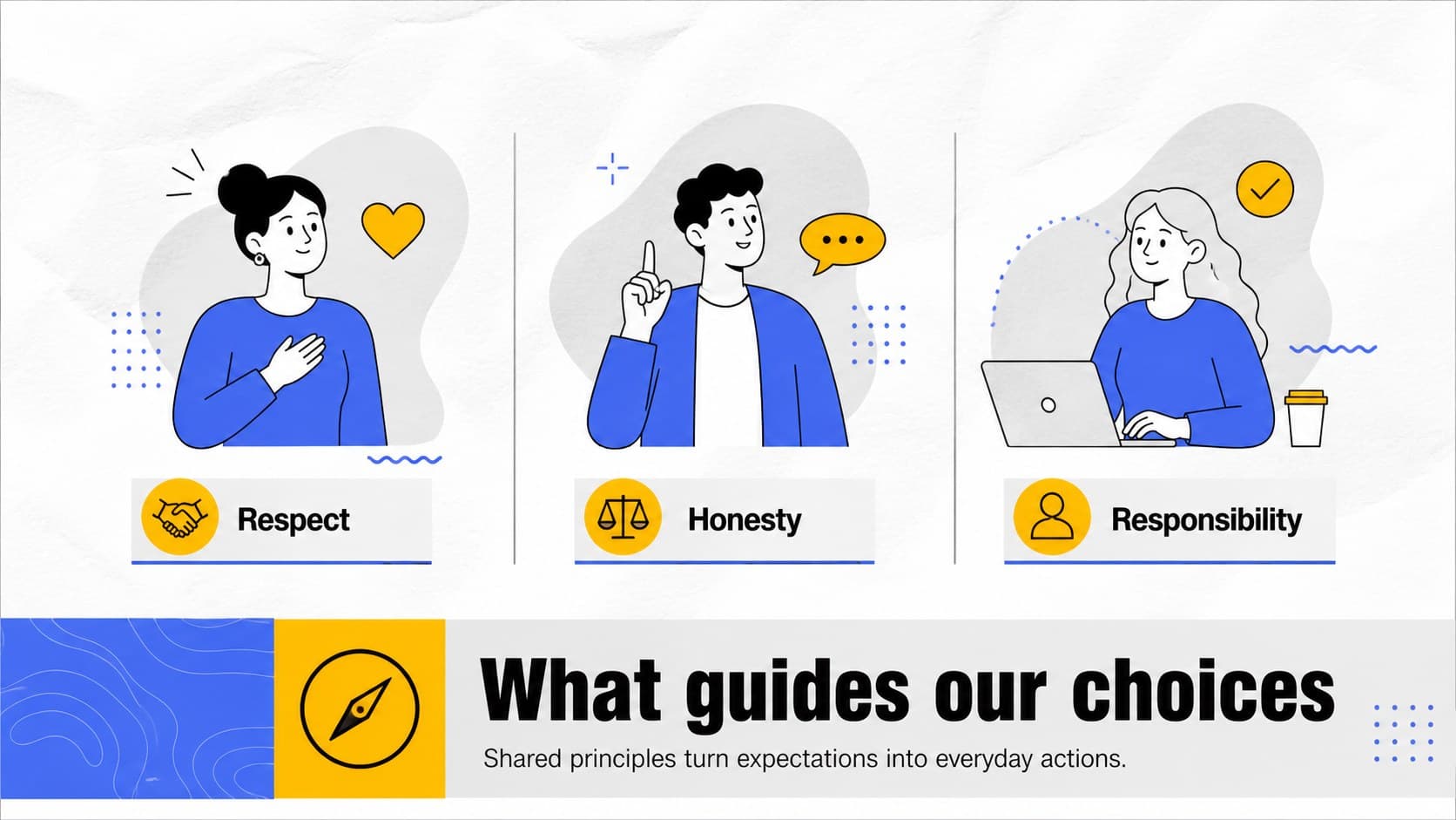 Values slide introducing shared workplace principles for an ethics workshop presentation.