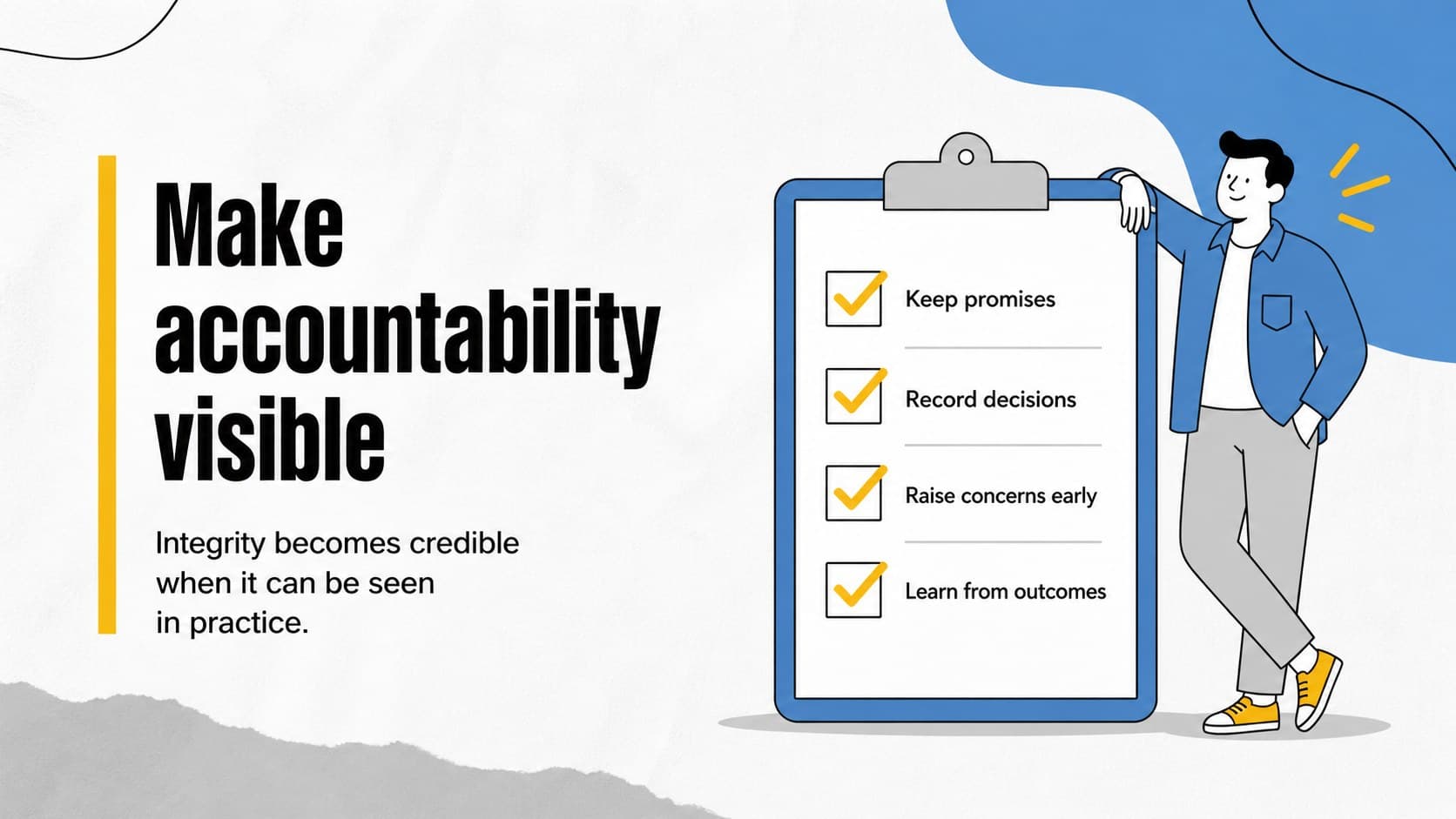 Accountability slide presenting practical behaviors for building integrity at work.