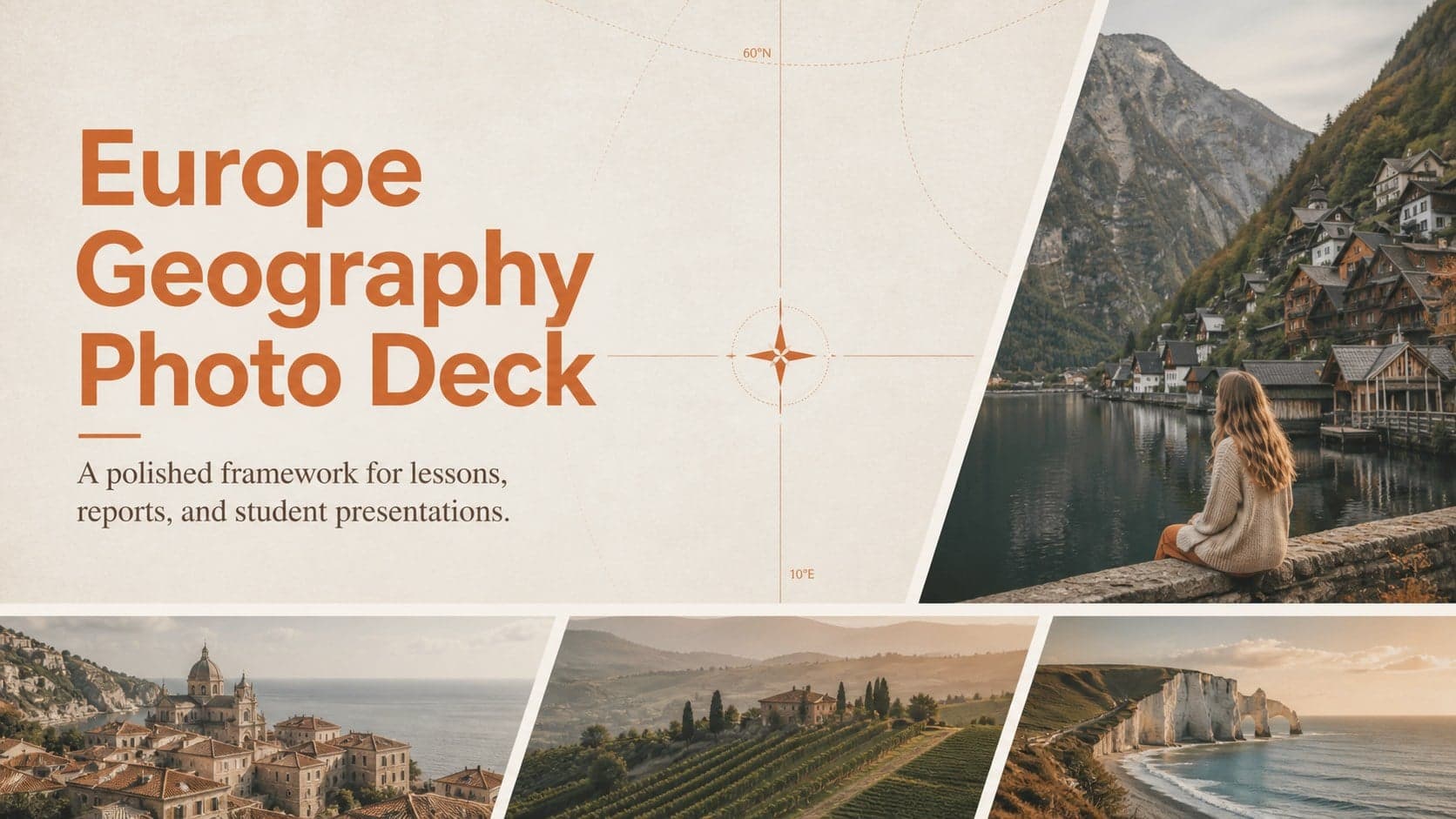 Cover of the Europe Geography Photo Deck with warm orange and beige styling and European travel photography.