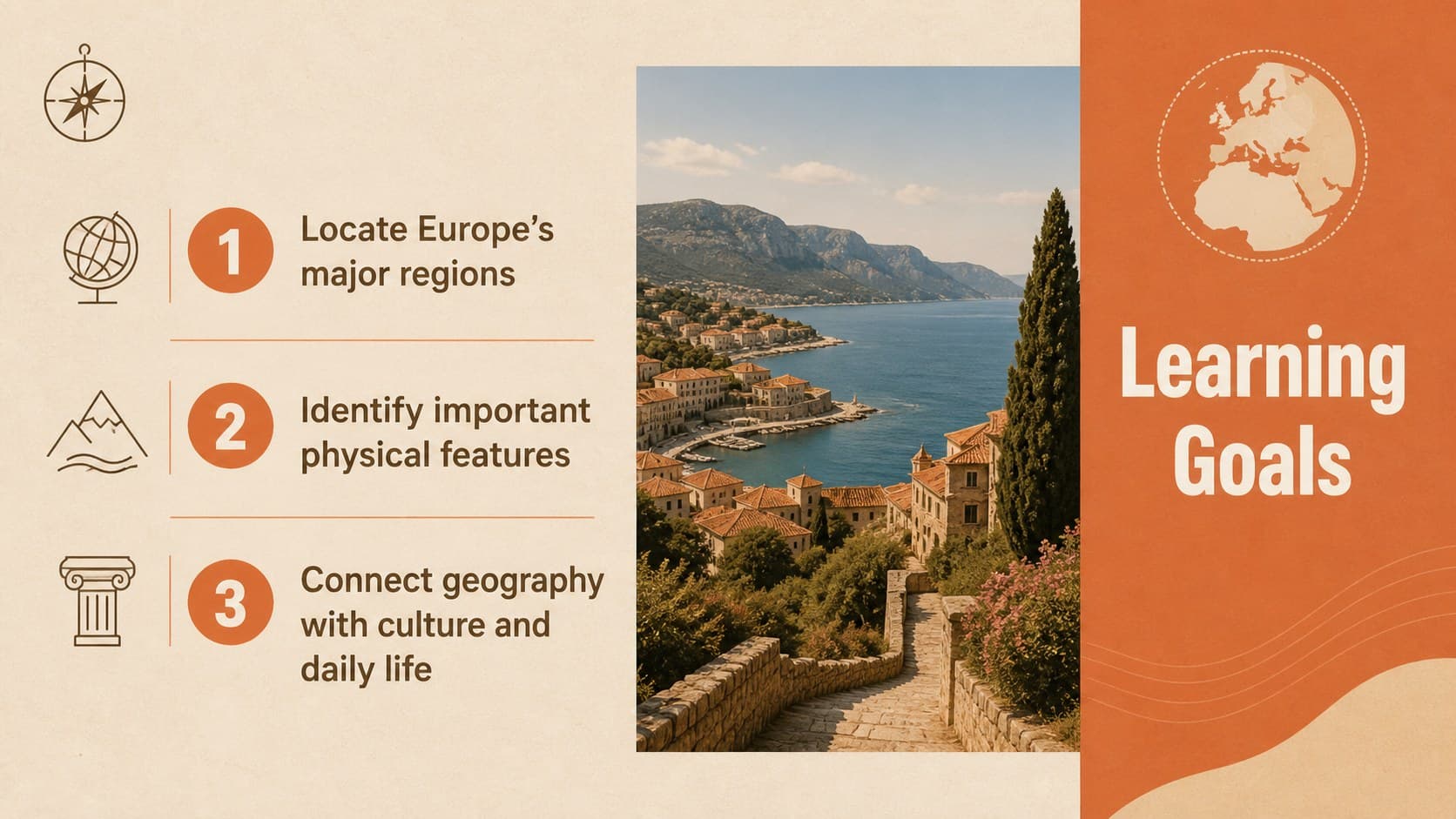 Europe geography lesson objectives slide with three learning goals and a Mediterranean coast photograph.