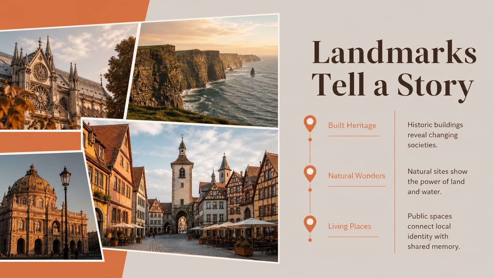 European landmarks slide presenting historic architecture and natural sites in a photo mosaic.
