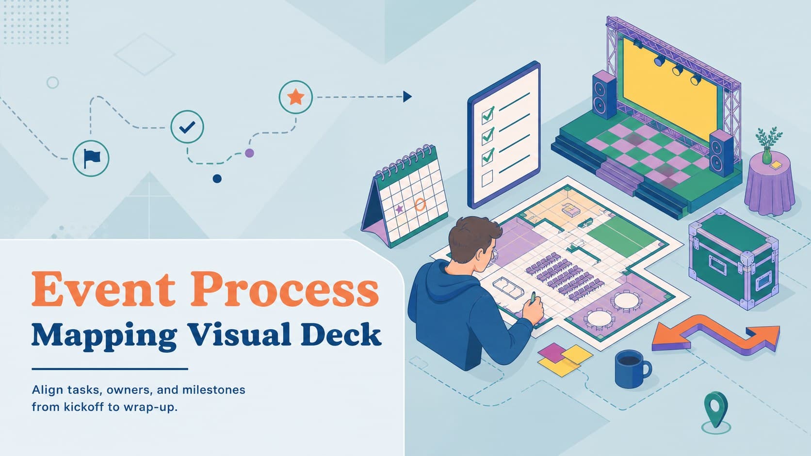 Blue isometric cover slide for an event process mapping presentation with a structured event planning illustration.