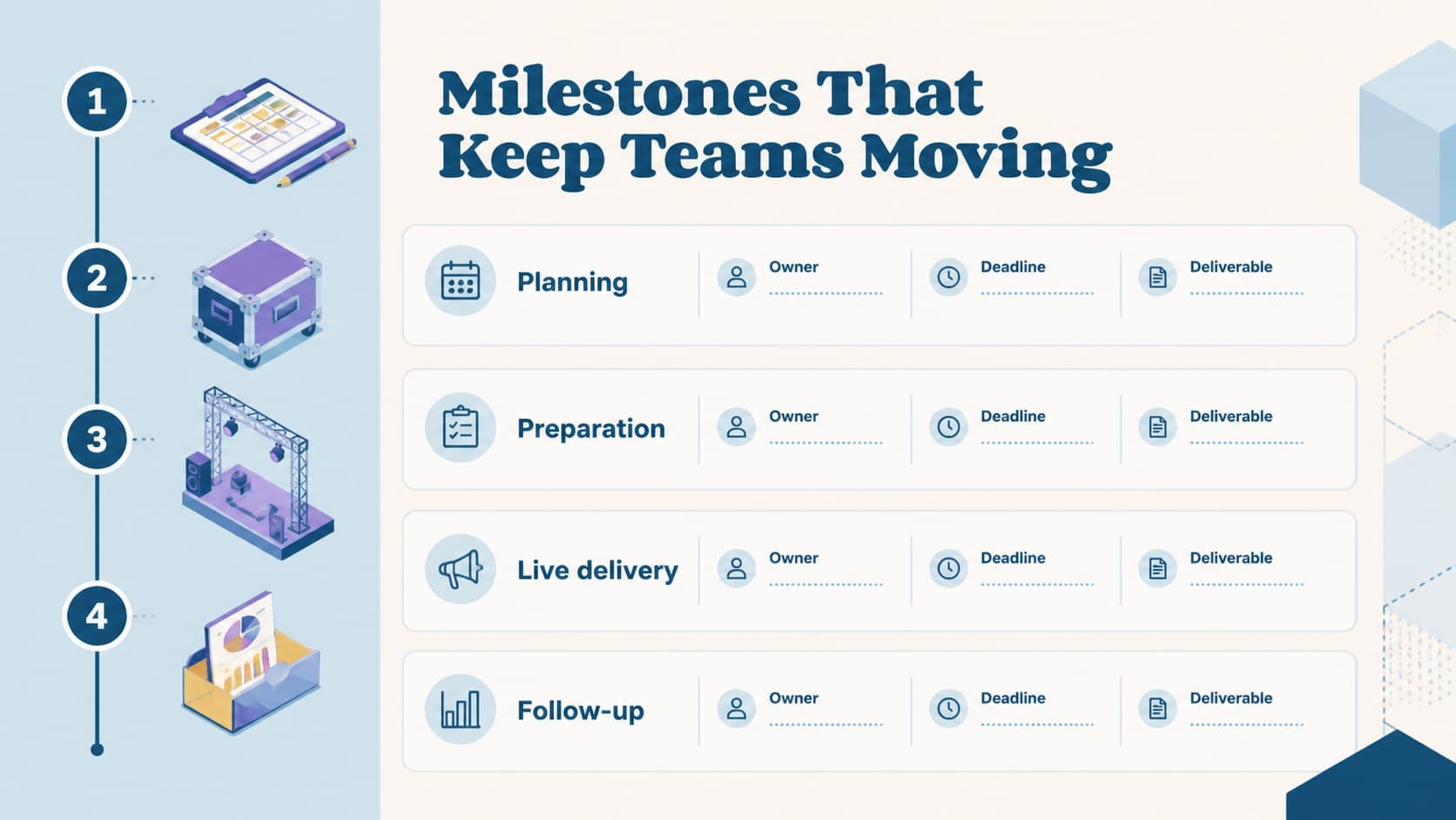 Event production timeline slide mapping checkpoints, owners, and deliverables with blue vector-style illustrations.