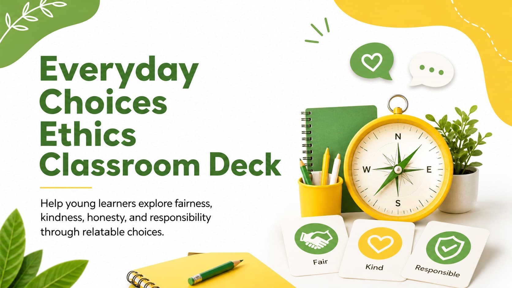 Cover of the Everyday Choices Ethics Classroom Deck with cheerful yellow and green classroom illustrations.