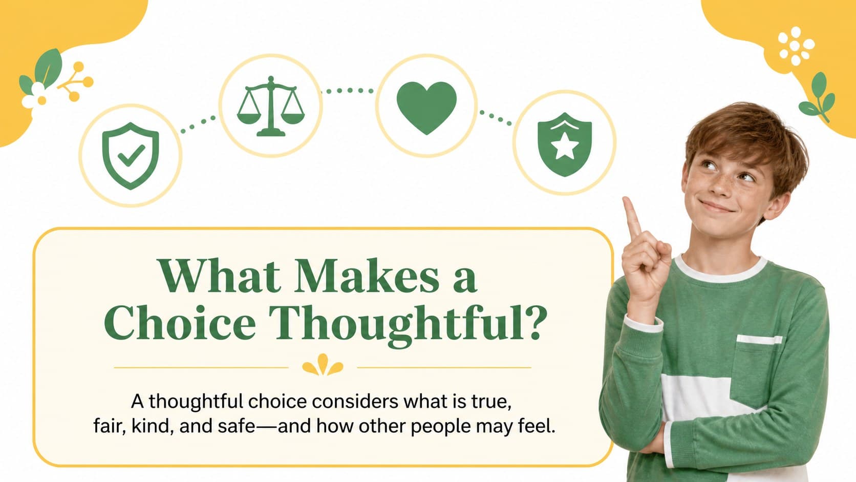 Good choices bad choices lesson slide explaining how decisions can affect other people.
