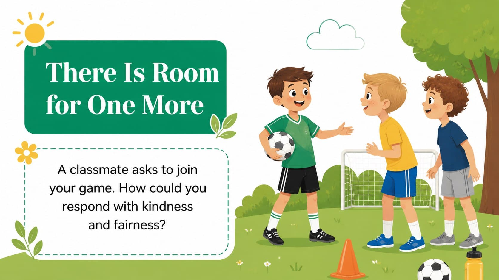 Elementary ethics scenario slide about including a classmate during a playground game.